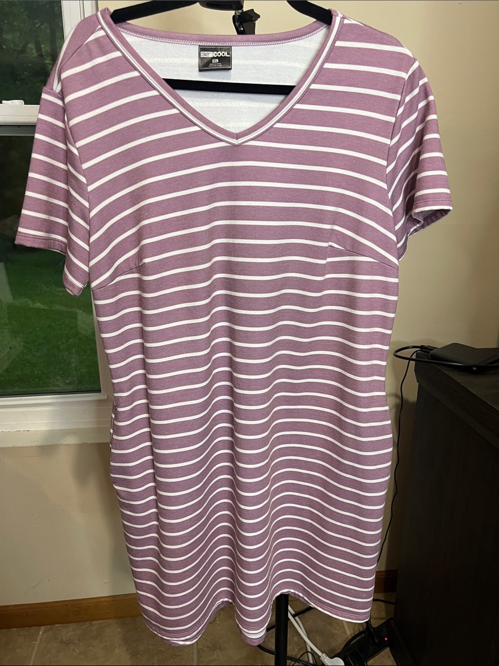Striped V-Neck Mini Dress in Lavender and White by 32 Degrees COOL